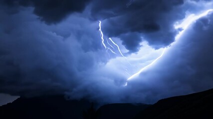 Aufkleber - Lightning bolts illuminate dark sky over mountains at night, creating dramatic scene with stormy weather adding danger and energy. Nature's power on display in night sky