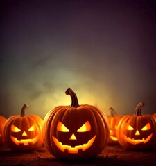 Aufkleber - A group of jack-o'-lanterns with glowing eyes and carved mouths stand against a dark background, creating a spooky Halloween atmosphere
