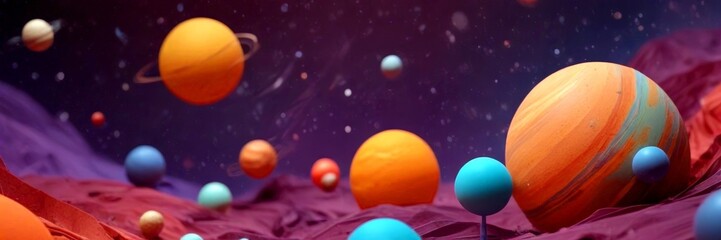 Poster - A vibrant, abstract representation solar system, featuring planets of various sizes and colors against a backdrop starry night sky
