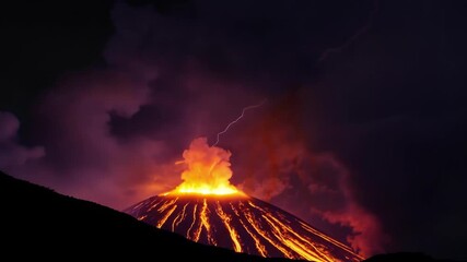 Aufkleber - Witness the powerful eruption of a volcano at night, with lava, ash, and lightning illuminating the sky. The landscape transforms dramatically, showcasing the raw force of nature