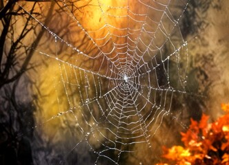 Poster - A close-up spider web, with dew drops clinging to its intricate structure, set against a backdrop of autumn foliage