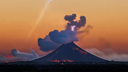 Poster - Large volcano erupting at twilight, spewing lava and ash into the sky with a fiery glow illuminating the surrounding landscape