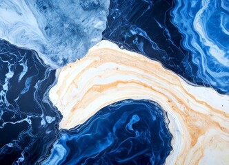 Aufkleber - a close-up view marble surface with swirling patterns of blue, white, and orange colors, creating a dynamic and abstract visual effect