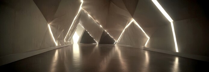 Fototapete - a long, dimly lit corridor with geometric patterns on the walls and ceiling, creating a sense of depth and perspective