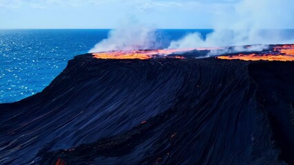 Poster - Witness molten lava flowing from a volcano into the ocean at dusk, surrounded by smoke and steam. Nature's power unfolds in a fiery eruption, creating a captivating contrast of colors