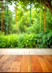 Poster - A wooden deck with a blurred background of lush greenery and trees