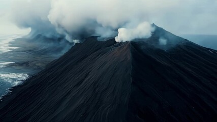 Poster - Aerial view of a volcano erupting thick white smoke and ash into the atmosphere near a coastline with blue water and waves