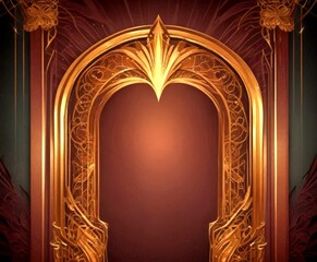 Leinwandbilder - an ornate golden archway with intricate designs and a central blank space, set against a dark red background