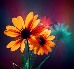 Leinwandbilder - A close-up of two vibrant orange daisy-like flowers with dark centers, set against a blurred background of colorful lights