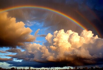 Poster - A double rainbow arches over a cloudy sky, with a dark, stormy backdrop and a few distant trees visible in the bottom right corner