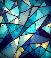 Leinwandbilder - a digital representation stained glass window composed of numerous triangular pieces of glass in various shades of blue, green, and white, arranged in a