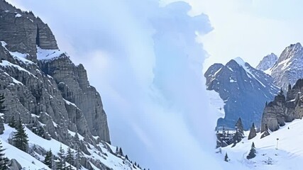 Aufkleber - Large avalanche falling from a mountain peak, creating a huge cloud of snow and ice debris, with a blue sky in the background