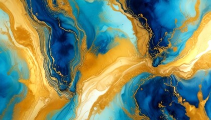 Poster - an abstract painting with swirling patterns of blue, gold, and white colors, creating a sense of movement and depth