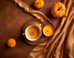 Poster - A cozy autumn scene features a cup of coffee with a sprinkle of cinnamon, a candle, and three small pumpkins on a brown cloth