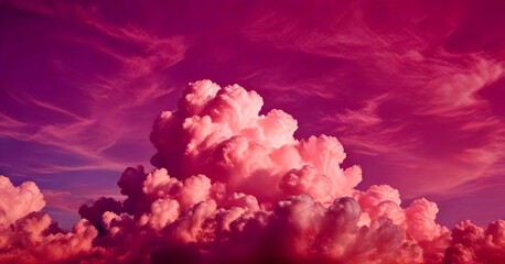 Aufkleber - A vibrant pink sky with fluffy white clouds, creating a serene and dreamy atmosphere