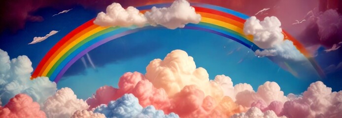 Poster - A vibrant rainbow arches across the sky, its colors vivid and contrasting against the backdrop of fluffy white clouds