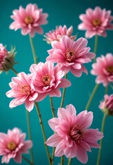 Aufkleber - A cluster of pink flowers with yellow centers is set against a teal background
