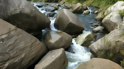 Poster - Rushing white water rapids in a mountain river, creating a potentially dangerous flood situation, with powerful flow adding to wild scenic beauty