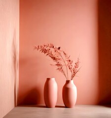 Aufkleber - Two pink vases stand side by side against a peach-colored wall, with a branch of pink flowers in one vase