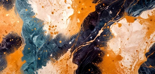 Poster - a close-up view textured abstract painting with a mix of blue, orange, and white colors, creating a dynamic and layered composition