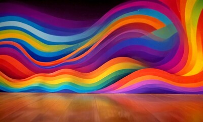Fototapete - A vibrant mural of multicolored waves fills the wall, creating a dynamic and visually striking scene