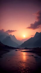 Poster - A serene sunset over a mountain range, with a calm lake reflecting the warm hues of the sky