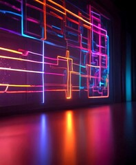Leinwandbilder - a close-up view neon sign with a complex pattern of glowing lines and shapes, reflecting on a dark surface
