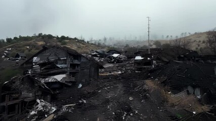 Poster - Charred remains of buildings stand amidst a desolate landscape, serving as a stark reminder of the destructive power of nature