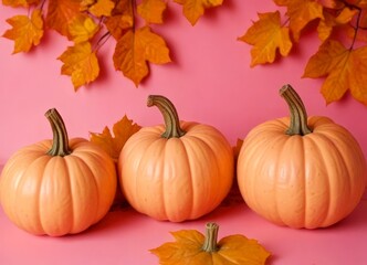 Aufkleber - Three small pumpkins with brown stems sit on a pink background, surrounded by orange autumn leaves