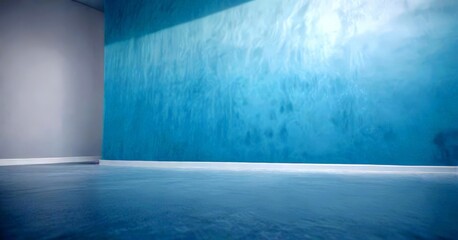 Aufkleber - a minimalist interior design with a large blue wall as the focal point, complemented by a white floor and a white wall on the left side