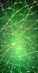 Poster - a complex network of interconnected lines and points, creating a visually striking abstract pattern The background is a dark green color, which contrasts