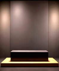 Leinwandbilder - A dark, minimalist stage with a black platform and wooden base, illuminated by two spotlights on either side