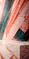 Fototapete - a marble surface with a geometric pattern of intersecting lines and curves in various shades of pink, green, and blue