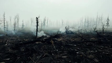Poster - Smoke is still rising from the ground after a devastating forest fire swept through, burning trees and vegetation and leaving a desolate landscape behind