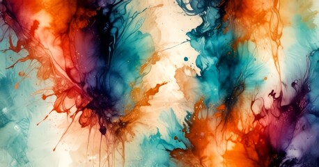 Aufkleber - a vibrant abstract painting with a mix of orange, blue, and purple colors, creating a dynamic and energetic composition