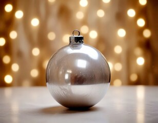 Poster - A silver Christmas ornament with a reflective surface sits on a white surface, with a blurred background of twinkling lights