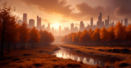 Aufkleber - A serene autumn landscape features a tranquil river reflecting the city skyline, with trees lining the riverbanks and the city's tall buildings silhouetted against a dramatic sky