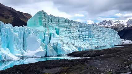 Aufkleber - Melting glacier flows into lake, showing climate change impact. Blue ice contrasts with dark water and mountains