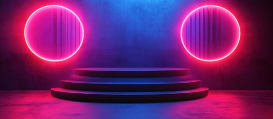 Sticker - A circular stage with pink neon lights and a blue wall.