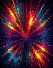 Poster - a digital illustration featuring a vibrant explosion of colors, with a central burst radiating outwards in a radial pattern The colors are predominantly orange,