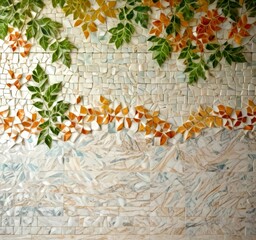 Aufkleber - A mosaic wall composed of small, colorful tiles arranged in a pattern, with green leaves and orange flowers adding a natural touch