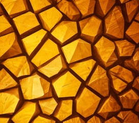 Poster - a close-up view textured surface composed of irregularly shaped wooden blocks arranged in a mosaic pattern The blocks vary in size and color, creating a visually