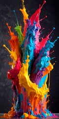 Aufkleber - A vibrant splash of paint in various colors, including red, orange, yellow, green, blue, and purple, against a dark background