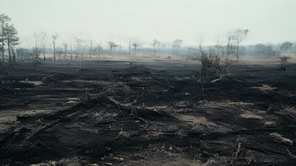 Poster - Smoke billows above a scorched forest, showing the aftermath of a devastating wildfire and highlighting environmental damage