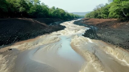 Aufkleber - Raging muddy river water is rushing through a ravine after a heavy rainfall, causing erosion and flooding in the surrounding area