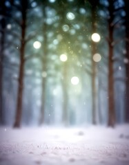 Aufkleber - A snowy forest scene with a soft, blurred background of trees and falling snowflakes