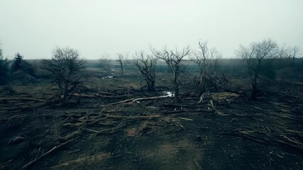 Poster - Devastated forest, bare branches reaching towards the sky, littered with debris, a stark reminder of the destructive power of nature