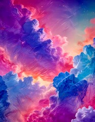 Aufkleber - a vibrant, dreamlike sky filled with fluffy, multicolored clouds in shades of pink, purple, and blue, creating a serene and ethereal atmosphere