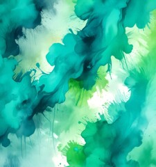 Poster - an abstract representation fluid, swirling pattern of green and blue hues, with splashes of white and black adding depth and contrast