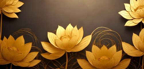 Aufkleber - Golden lotus flowers against a dark background